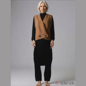 Vintage 70s 80s wool cashmere blend black turtleneck midi dress beige vest set S